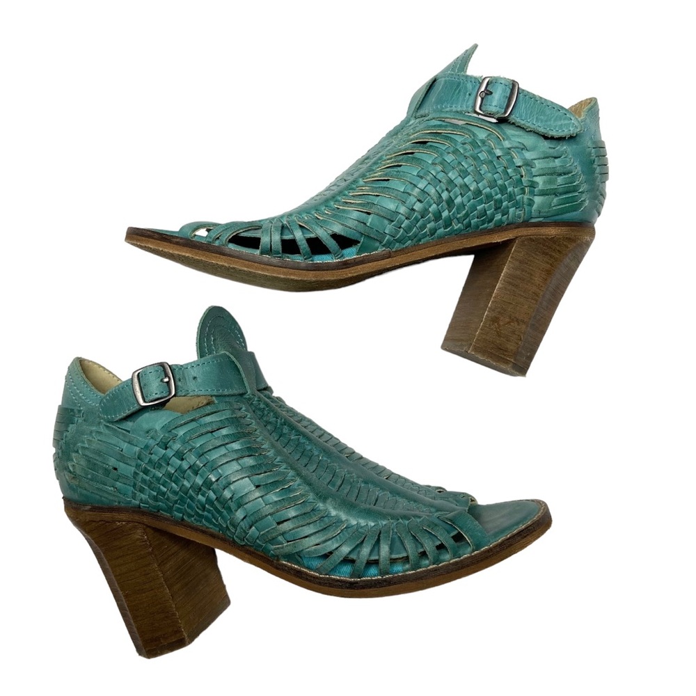 NAUGHTY MONKEY Killion Turquoise Leather Huarache Bootie Sandal Heels 7.5